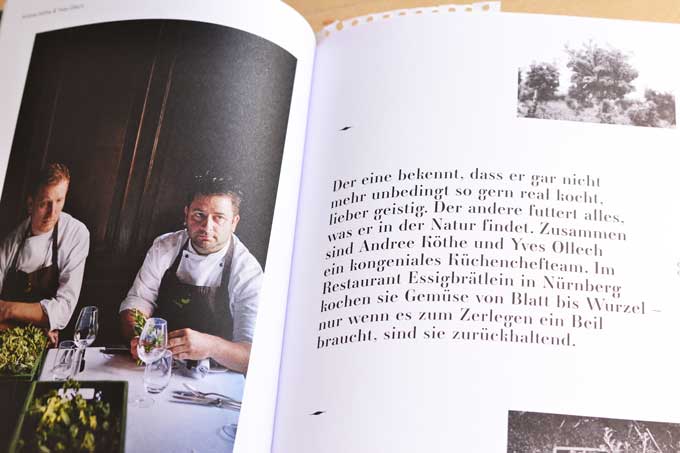 Doppelseite vom Buch Leaf-to-Root mit Portrait von den Köchen Andree Köthe und Yves Ollech
